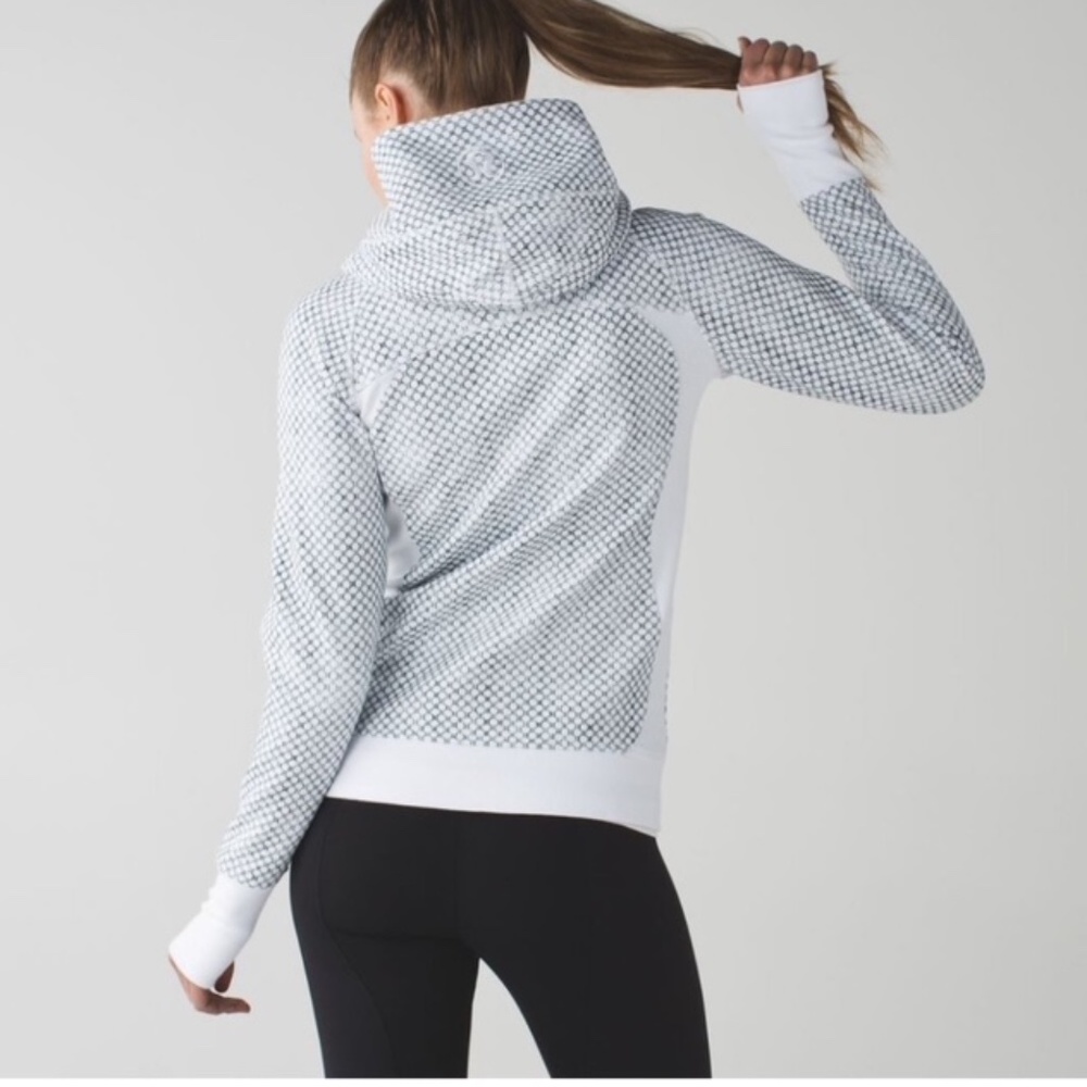 Lululemon Scuba Zip Up Hoodie III EUC Size 8 White & Black Dottie Eyelet